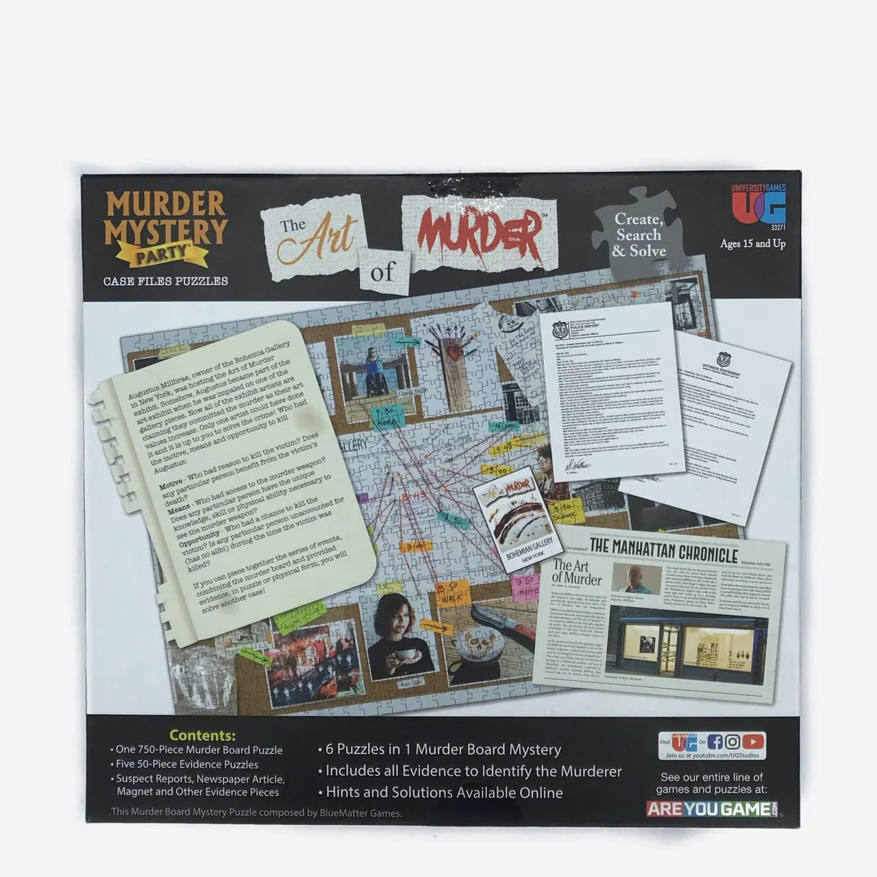 Box for The Art of Murder A Case File Puzzle Mystery, including crime scene photos, notes, and a murder board map.