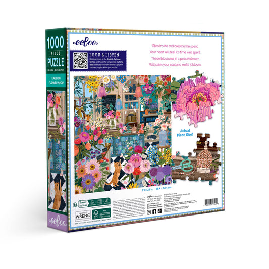 Back of English Flower Shop 1000 Piece Puzzle box showing a floral village shop scene with cats and flowers.