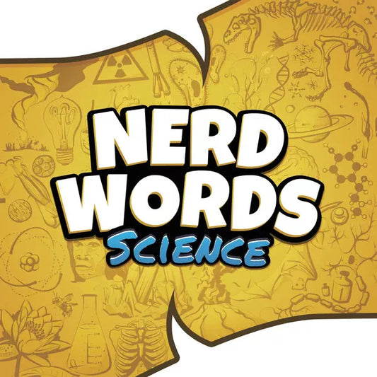 Nerd Words: Science logo on yellow background with science-themed doodles and symbols.