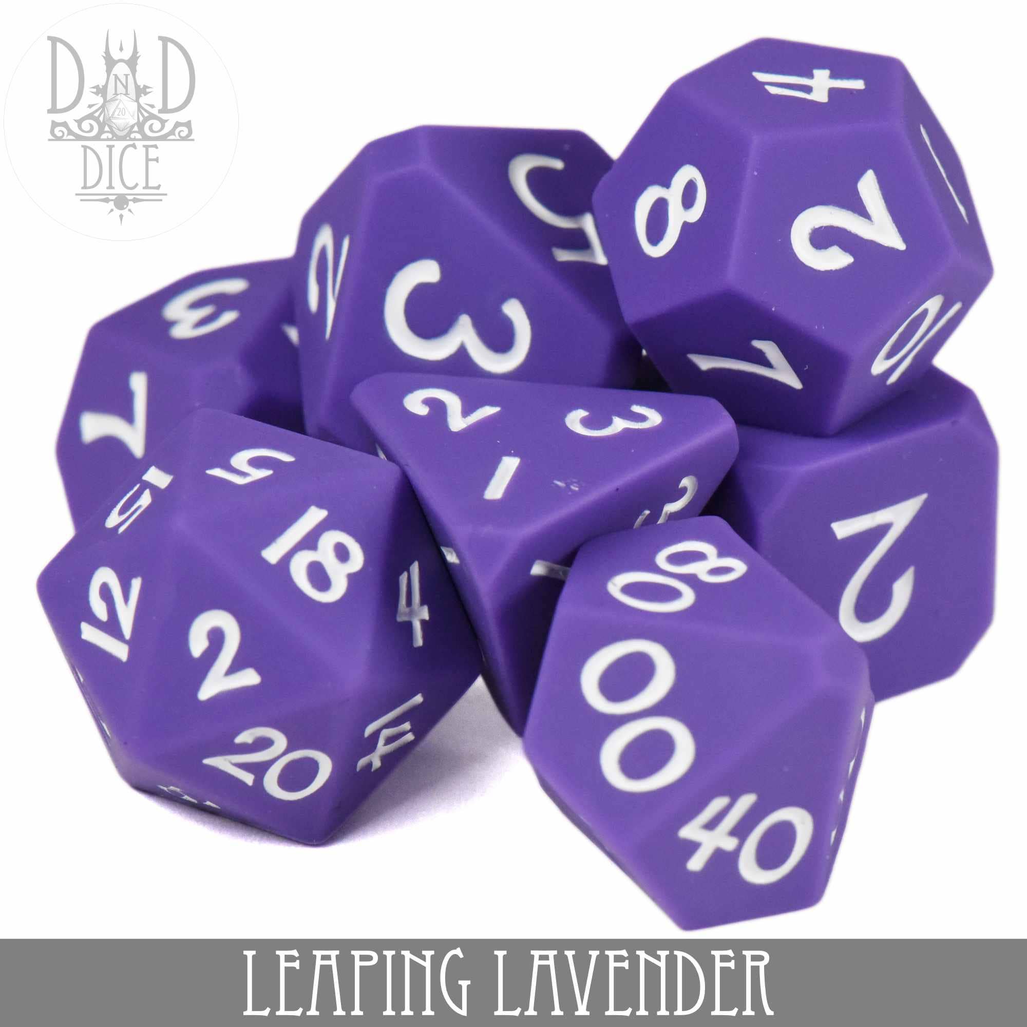 Leaping Lavender (Silicone) purple polyhedral DND dice set with white numbers for tabletop gaming.