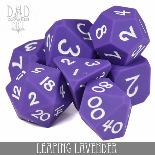 Leaping Lavender (Silicone) purple polyhedral DND dice set with white numbers for tabletop gaming.