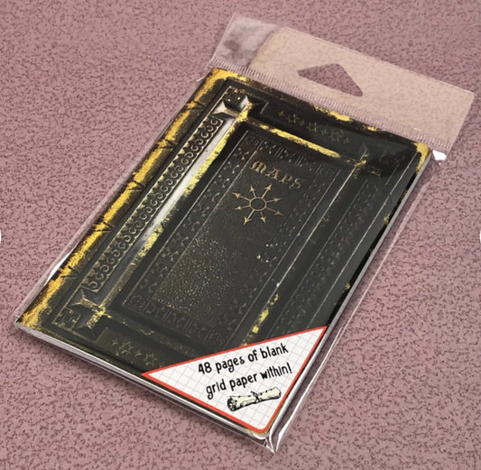 Ancient Tome Cartography Mapping RPG Notebook with 48 blank grid pages, black and gold compact edition.
