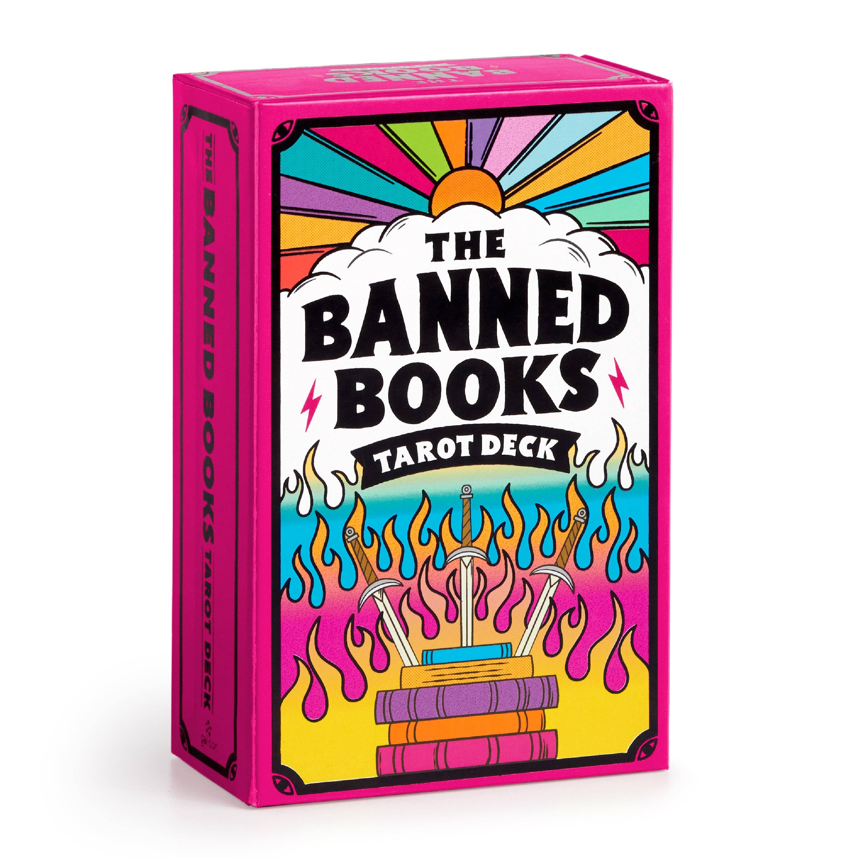 Banned Books Tarot Card Set box featuring illustrations of books and swords with flames.