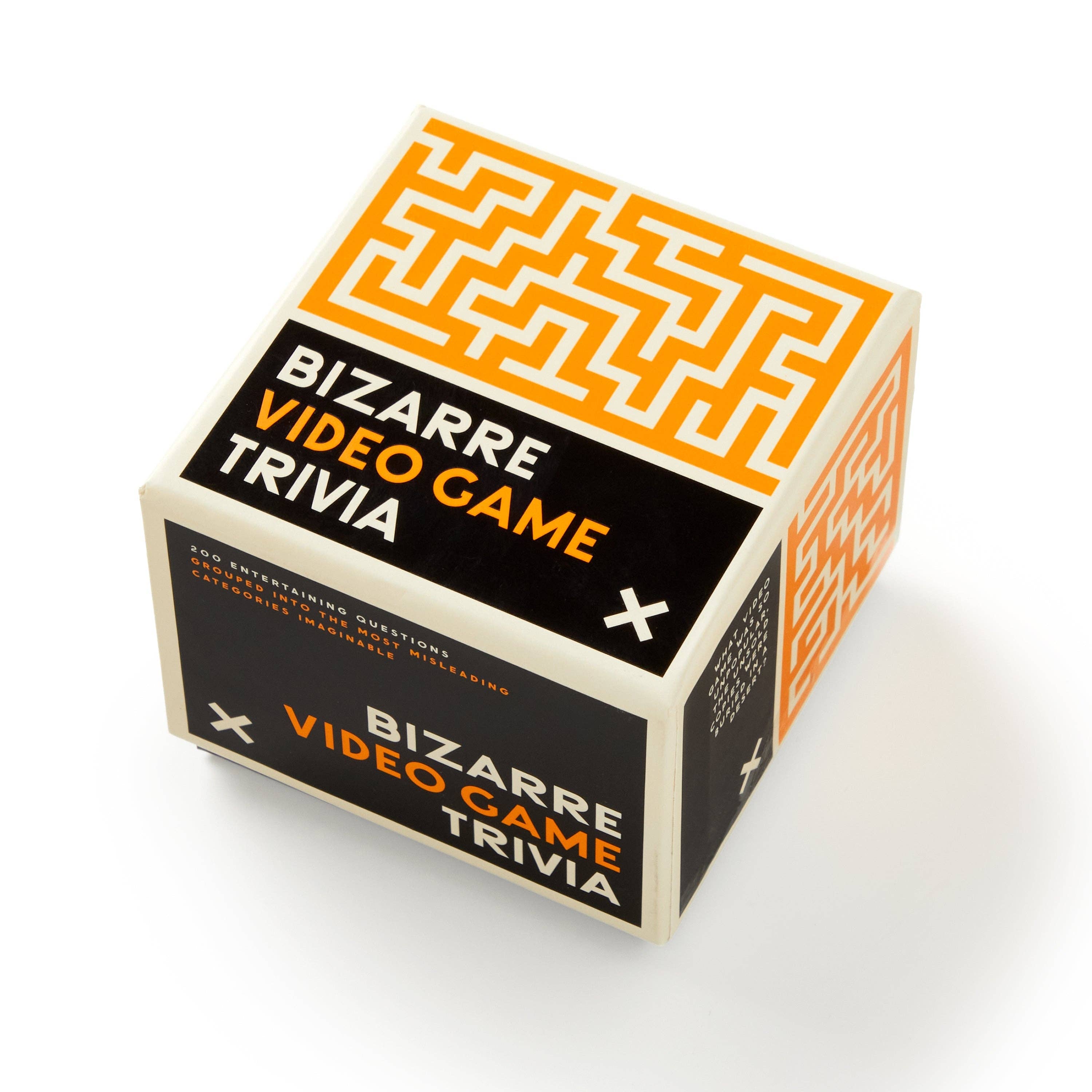 Brass Monkey Bizarre Video Game Trivia cube box with cards, each side showing orange maze graphics.