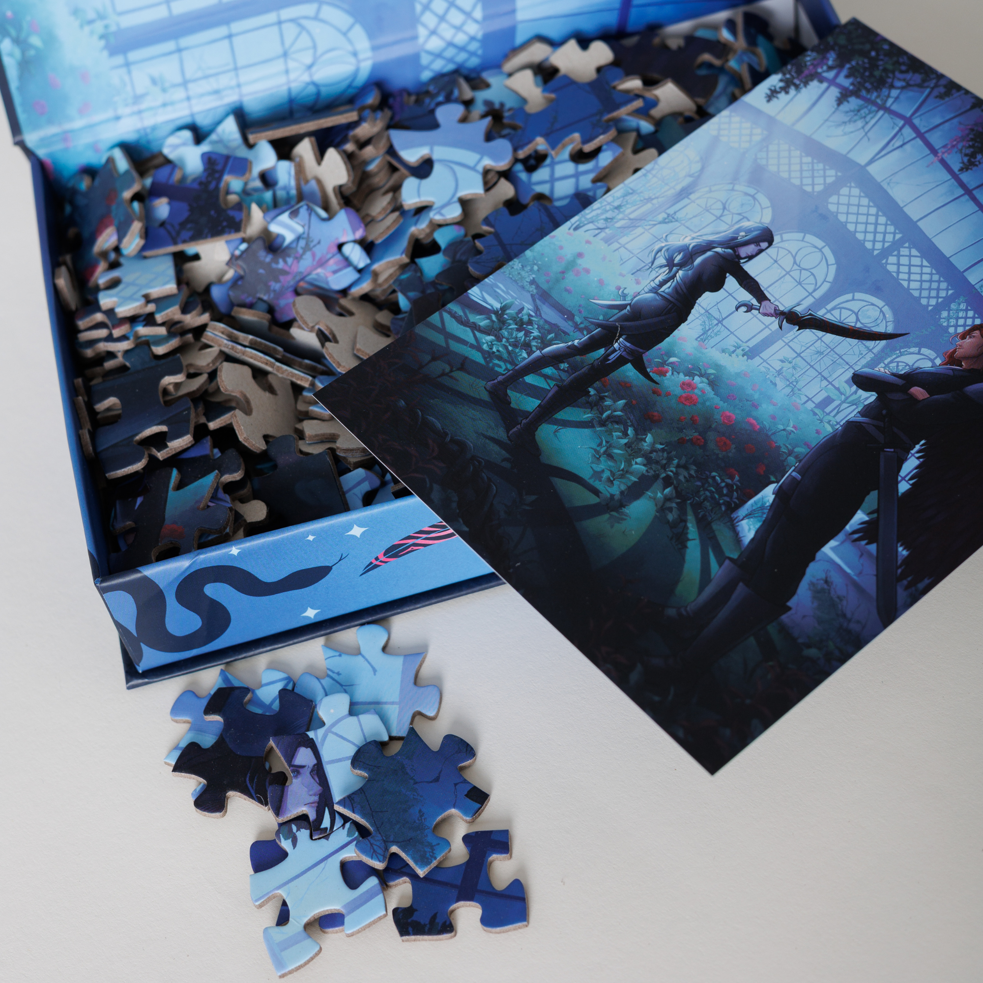 Moonlit Reckoning Keepsake Puzzle featuring a romantasy fencing scene, inspired by The Serpent and the Wings of Night.
