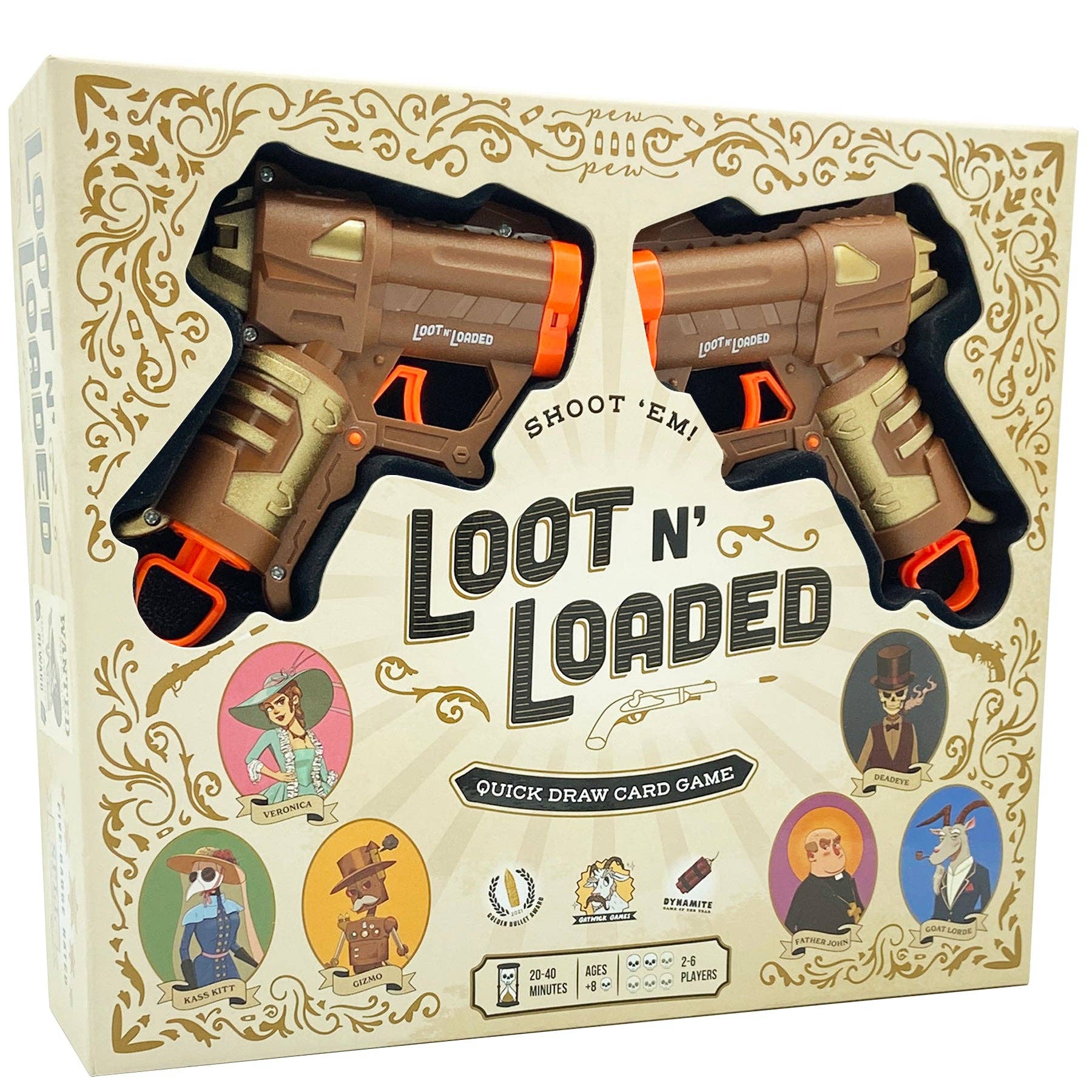 Loot N Loaded strategic card game set with bounty hunter cards and two toy pistols in western-themed packaging.