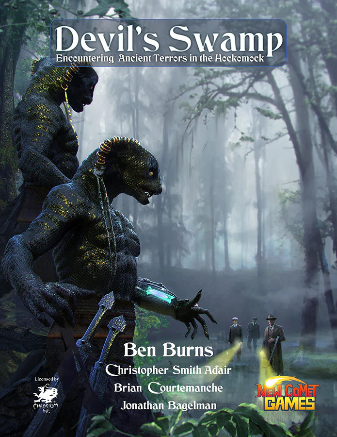 Devils Swamp - Call of Cthulhu featuring two swamp creatures confronting three suited figures in Hockomock Swamp.