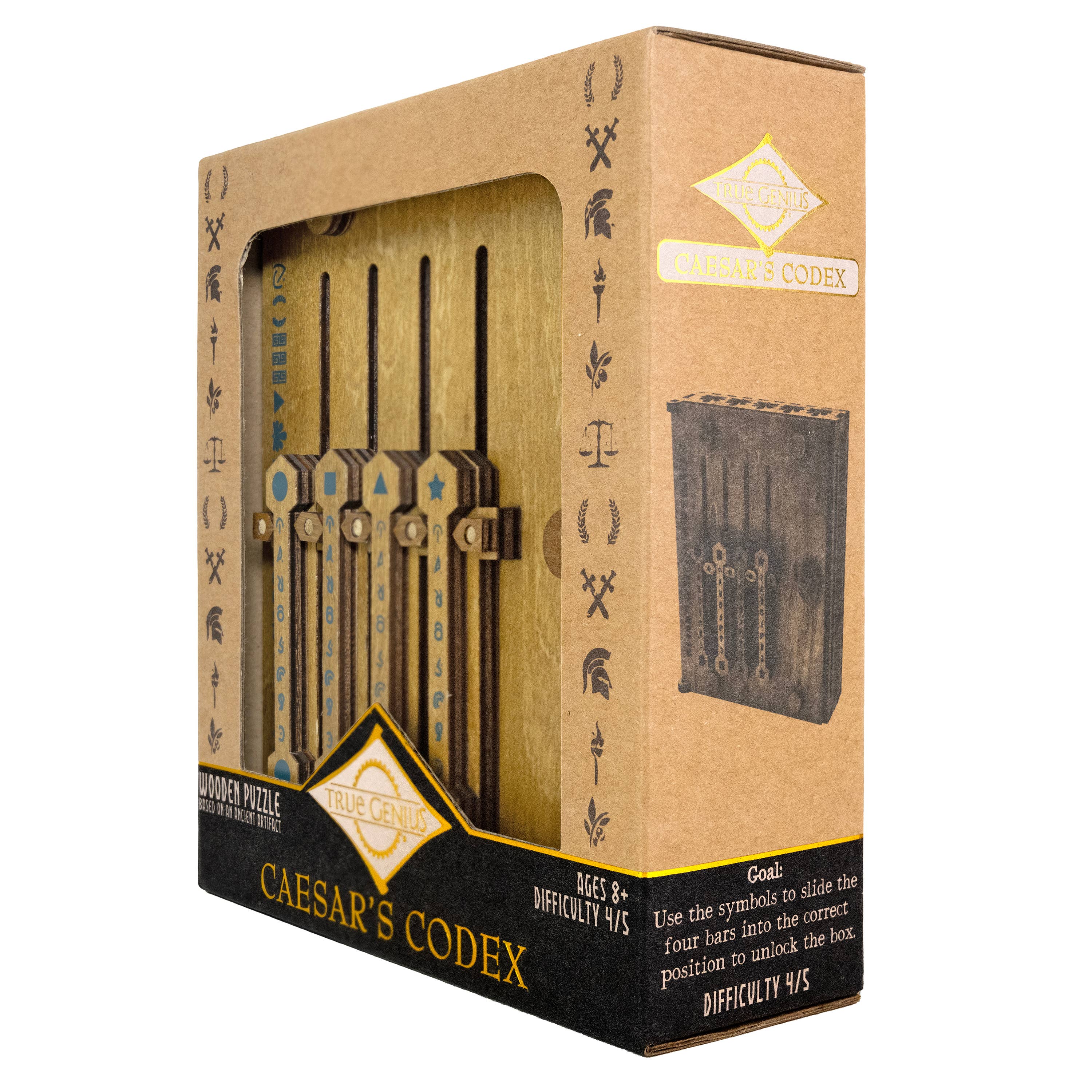 True Genius Caesars Codex Secret Puzzle Box with sliding bars, cryptic symbols, and Roman-style details.