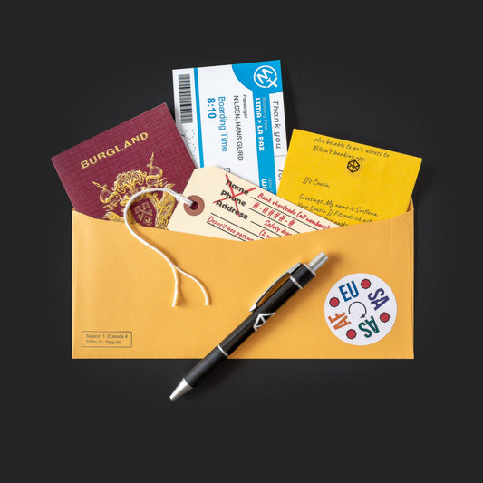 Passport, boarding pass, and encrypted documents displayed with an envelope for Family Secrets Series: Ep 4 - On The Run.