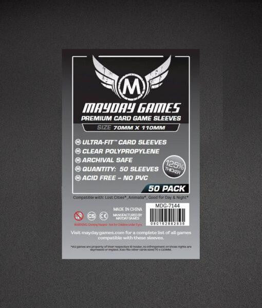 Mayday Games 70MM x 110MM card sleeves, pack of 50, with product details and company logo visible.