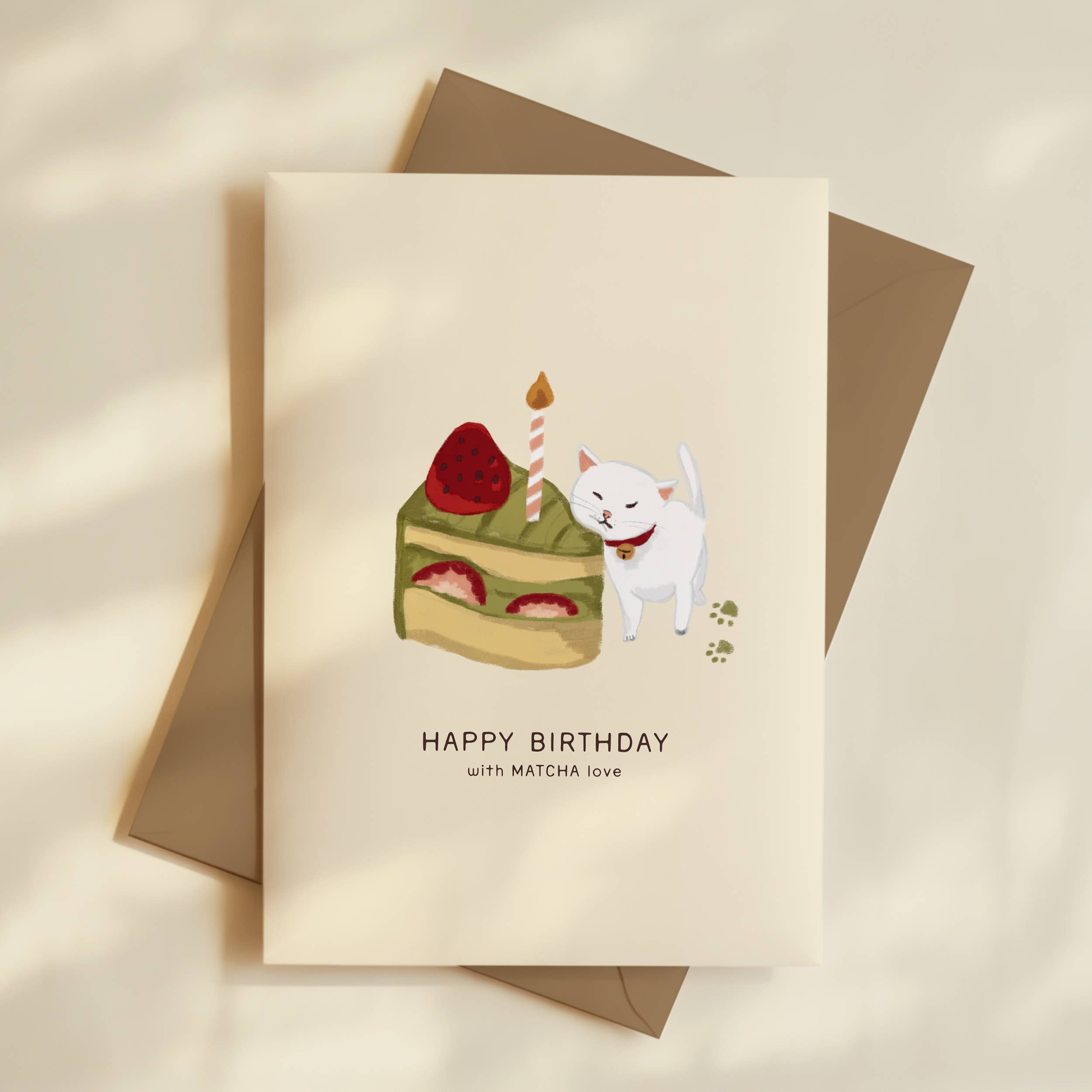 Matcha Cat Birthday Card featuring a matcha cake, candle, and “HAPPY BIRTHDAY with MATCHA love” message.