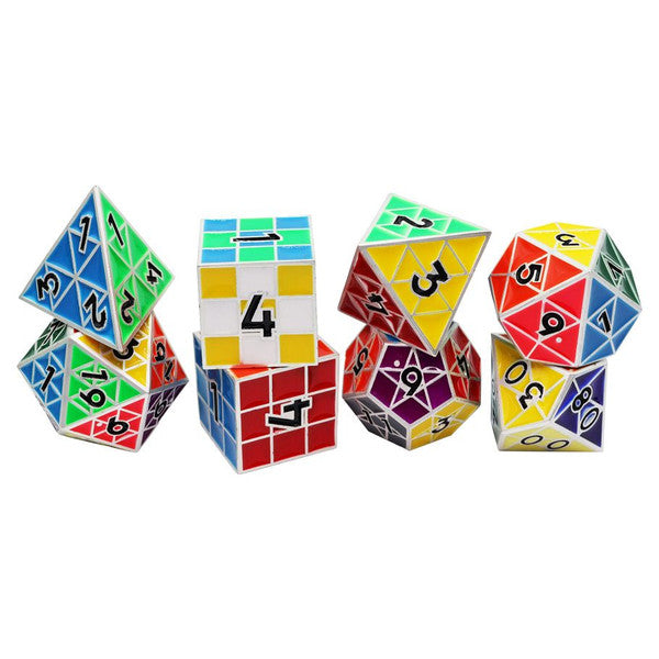 Puzzle Cube Dice 8-Set with numbers, geometric shapes, arranged in a row on white background.