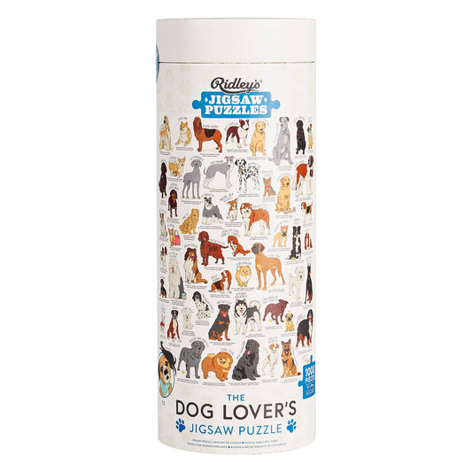 Dog Lovers 1000 piece jigsaw puzzle in a tall cylinder, box front shows illustrated dog breeds.