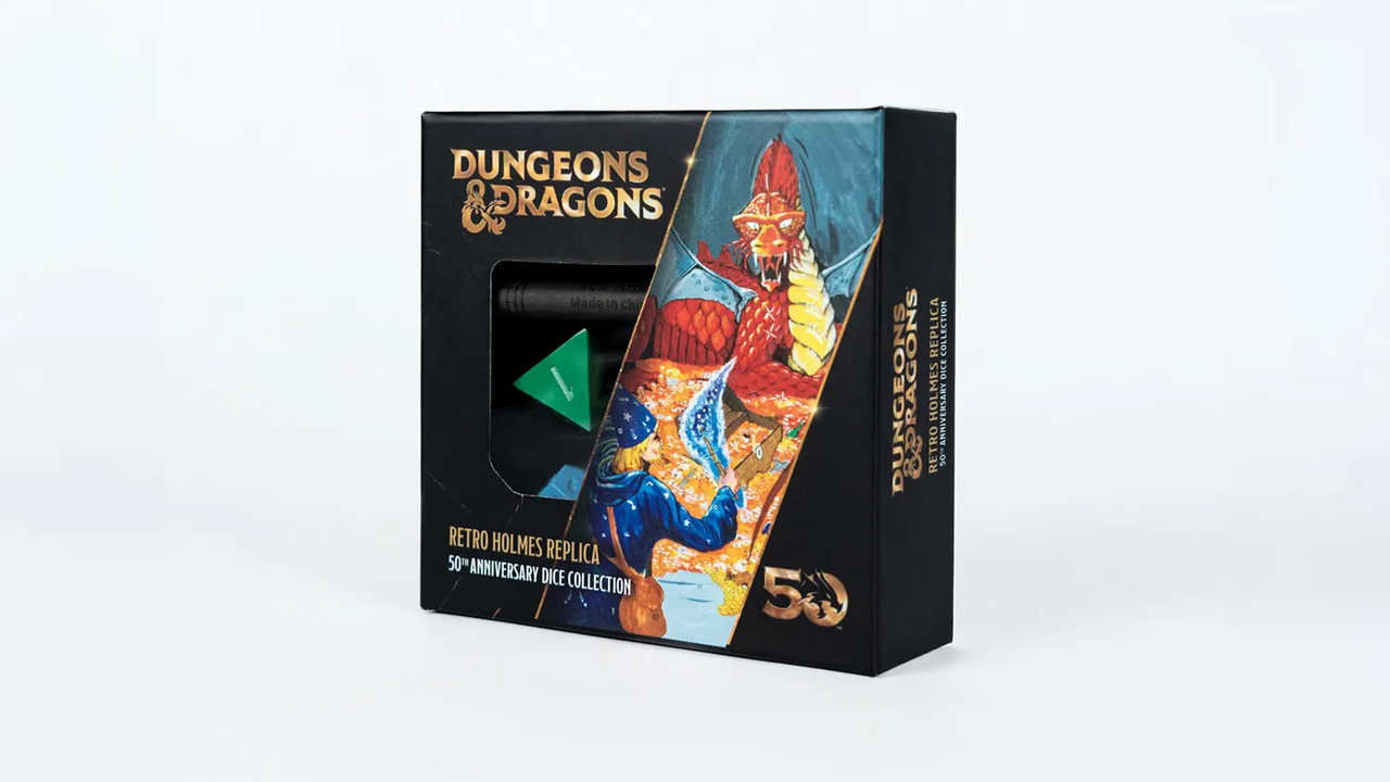 D&D 50th Anniversary Retro Holmes Replica Set with original dice and classic fantasy art case.