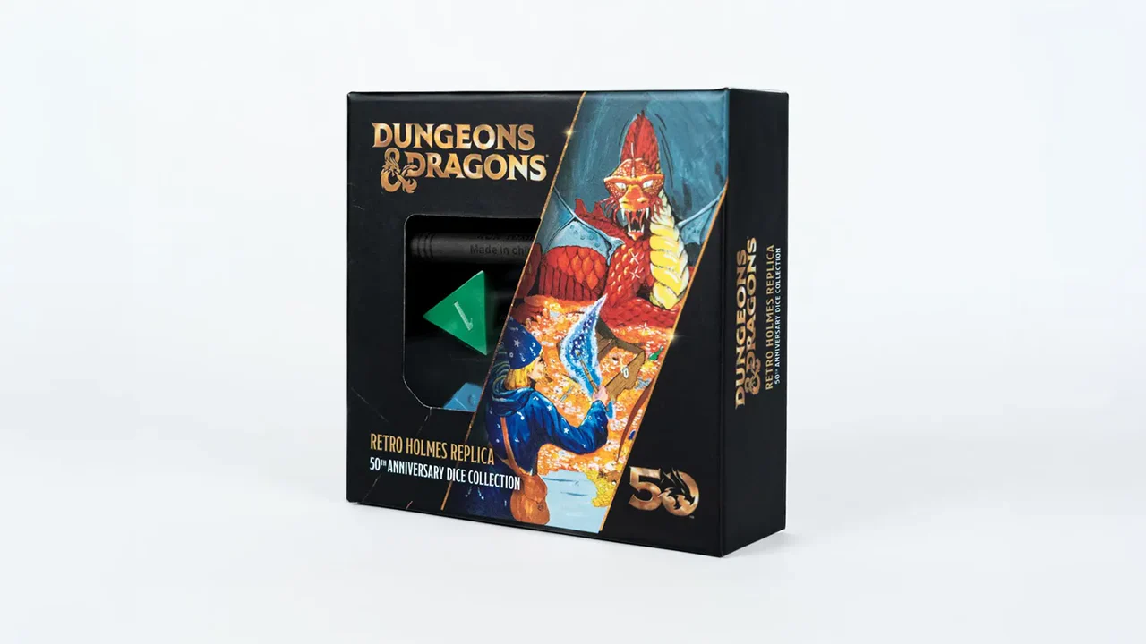 D&D 50th Anniversary Retro Holmes Replica Set with original dice and premium case featuring vintage dragon art.