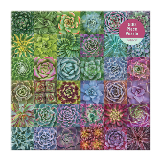 Succulent Spectrum 500 Piece Puzzle by Galison featuring a square collage of 25 colorful succulents on white.