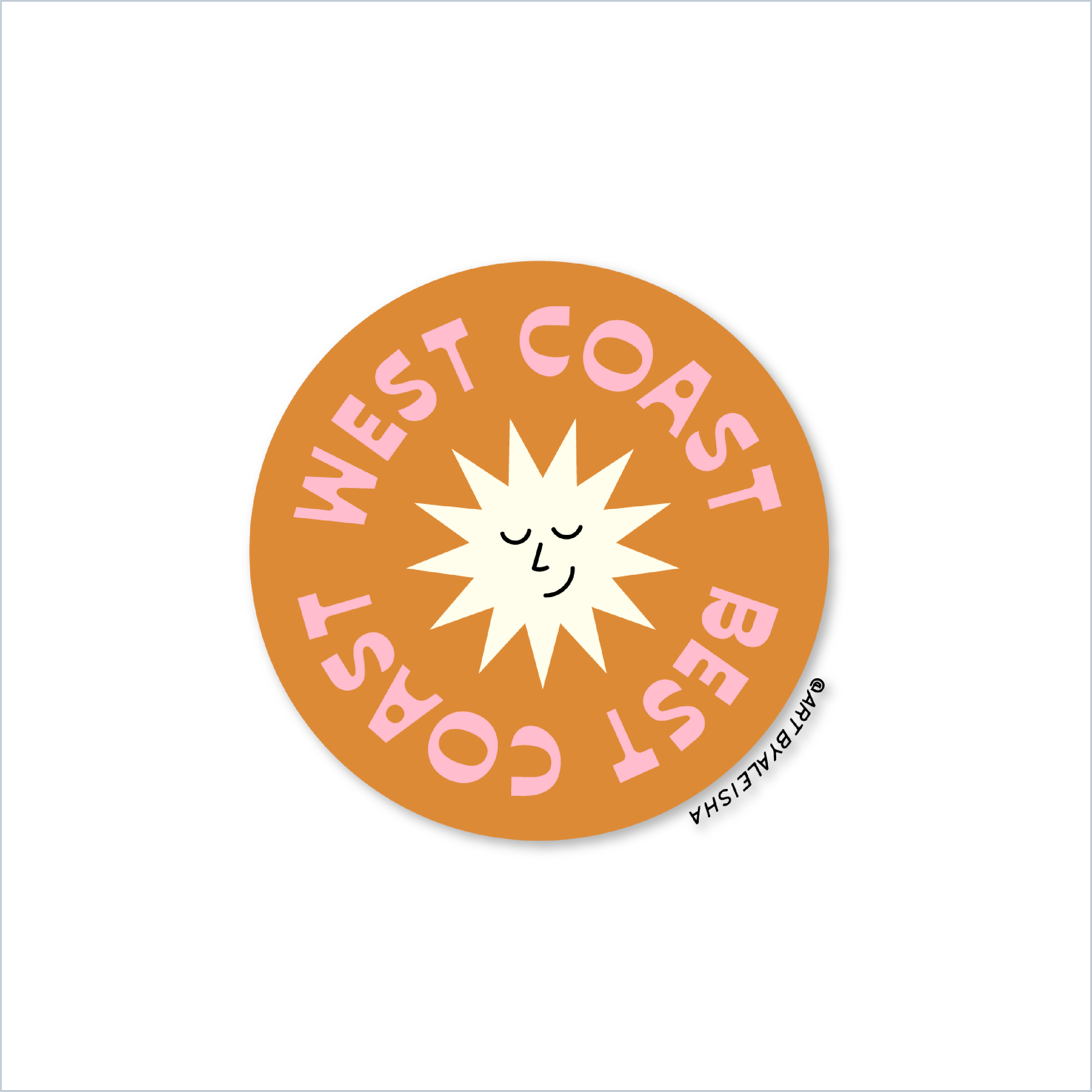 West Coast Best Coast Die Cut Sticker with a smiling sun and pink text on a semi-matte, round surface.