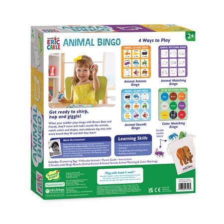ERIC CARLE Brown Bear Animal Bingo box back with instructions, learning skills, and sample cards shown.
