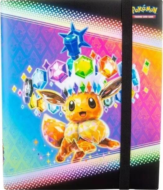 Prismatic Evolutions 9-Pocket Portfolio, Eevee variant, for Pokémon cards with gem-studded rainbow design.