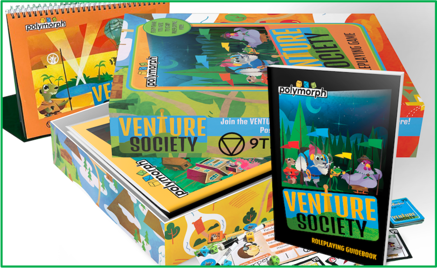 Venture Society box set with guidebook, game accessories, and cartoon animal character theme.