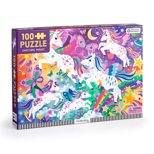 Unicorn Magic 100 piece kids puzzle featuring unicorns, butterflies, stars, rainbow. Text: UNICORN MAGIC.