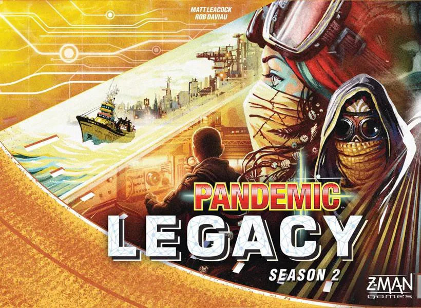 Pandemic Legacy: Season 2 board game box featuring masked figures, a ship, a city, and Z-Man Games logo.