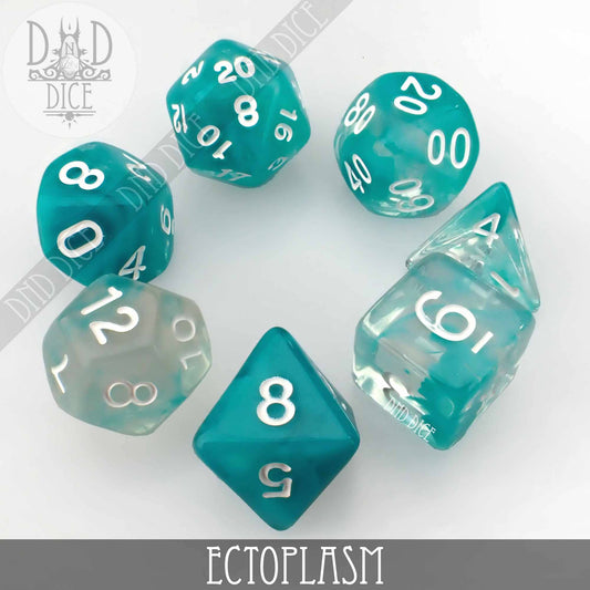 Ectoplasm: set of 7 teal and clear acrylic dice with white numbers arranged in a circle.