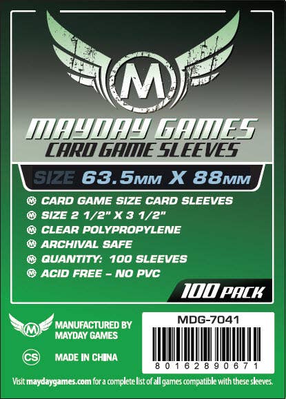 Pack of 100 card game sleeves, 63.5x88mm, green design.