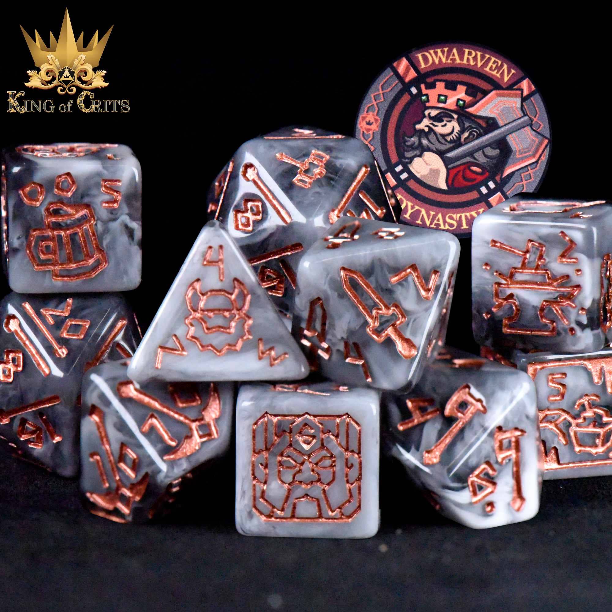 Dwarven Dynasty 11-piece dice set with copper engravings and ceramic poker chip.