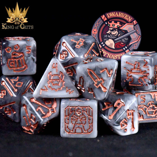 Dwarven Dynasty 11-piece dice set with copper engravings and ceramic poker chip.