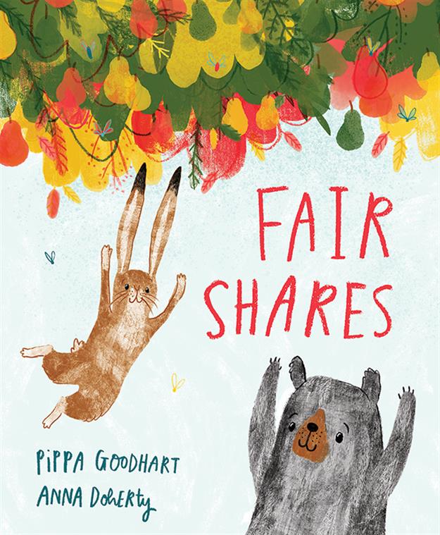 Fair Shares children’s book featuring an illustrated rabbit and bear reaching for leaves and fruit.