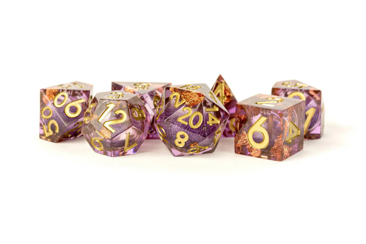 The Elixir Liquid Core Dice Sets - Aether Abstract, Full Set in purple and gold.