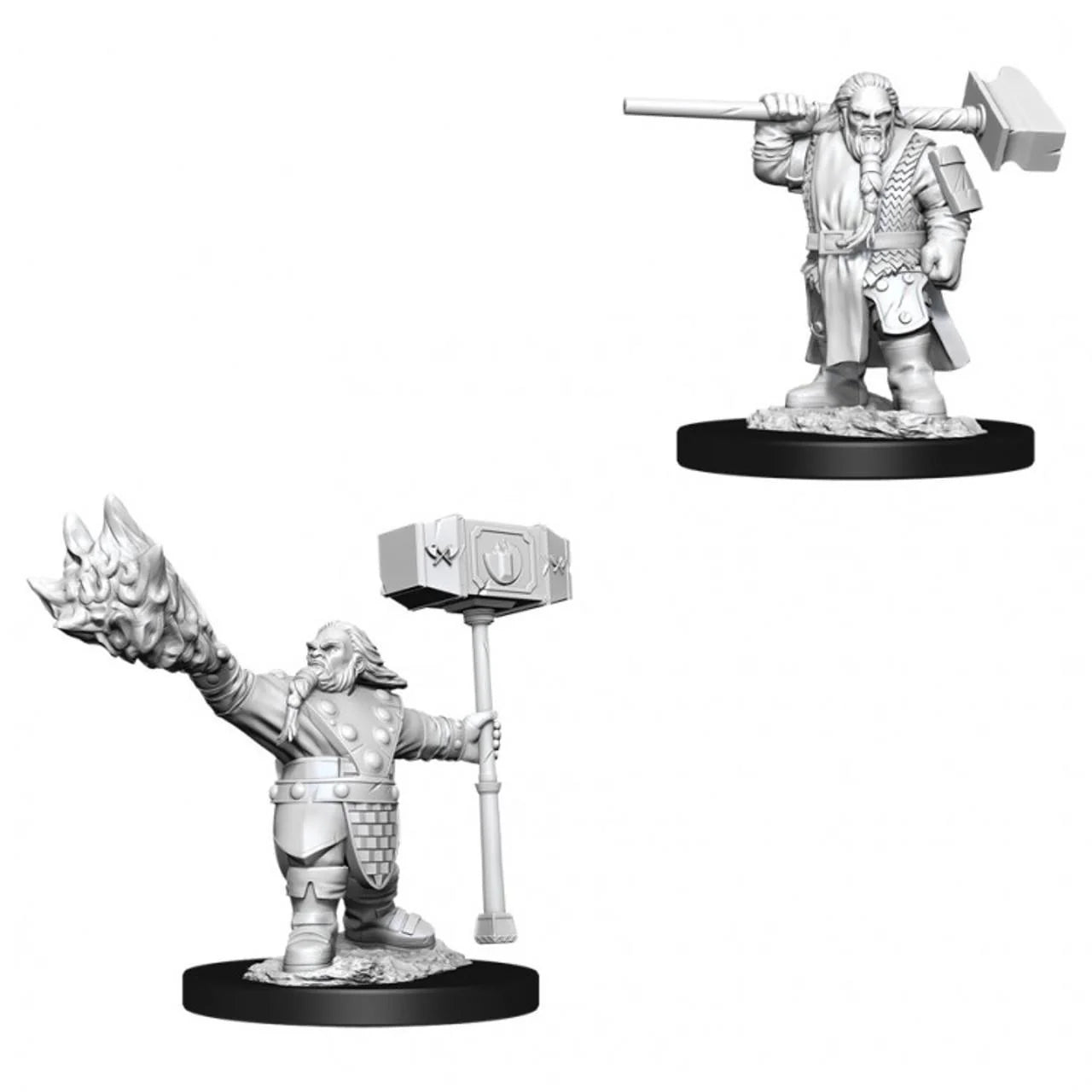 D&D NMU Male Dwarf Cleric W11 unpainted minis: one with staff and hammer, one with a flaming arm.