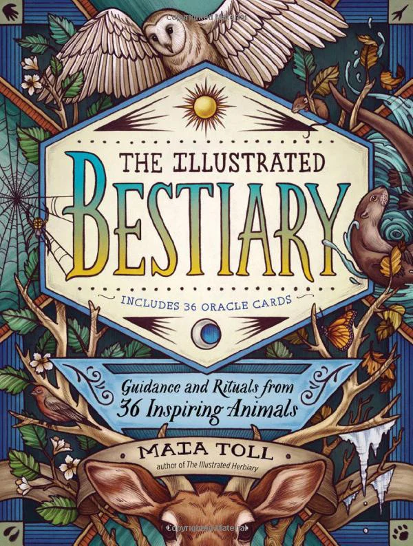 The Illustrated Bestiary Collectible Box Set book cover with 36 animal guides and decorative mystical designs.