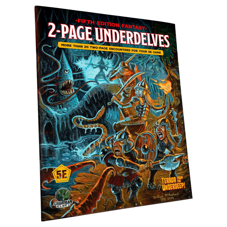 2-Page Underdelves (D&D 5E) cover showing a battle with a kraken in an underground dungeon.
