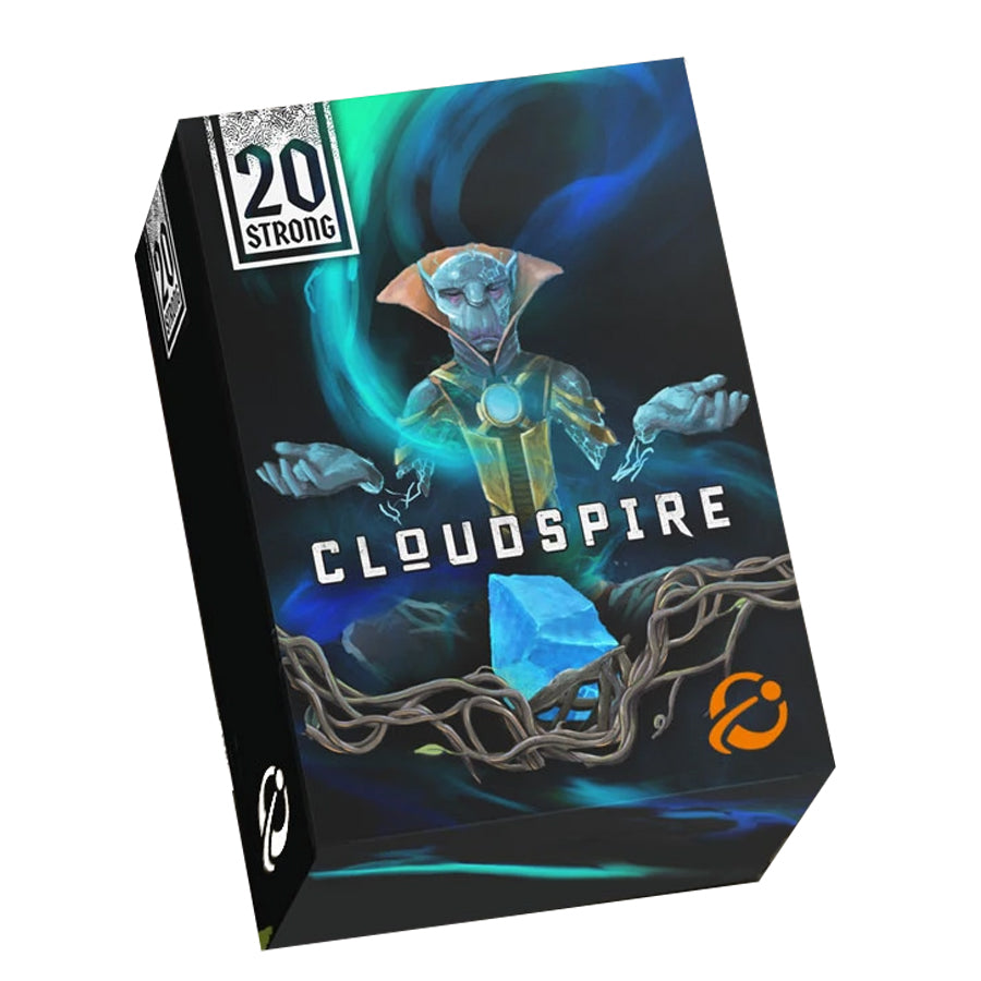 20 Strong: Cloudspire solo card game box with a mystical figure, blue energy, and a glowing crystal.