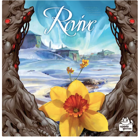 Revive board game with a bright yellow flower in snow, dark branches in the background.