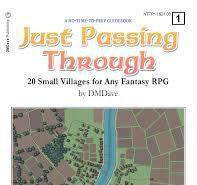 Just Passing Through 1:20 Small Village fantasy RPG book cover with maps and decorative text.