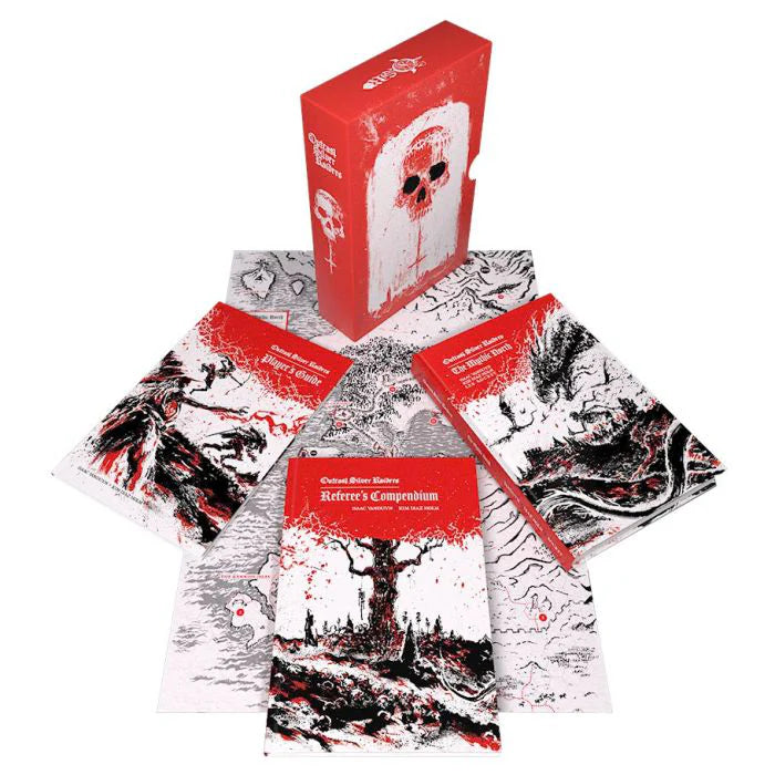 Outcast Silver Raiders box set with three red and white books and black and white maps for OSR tabletop RPG.