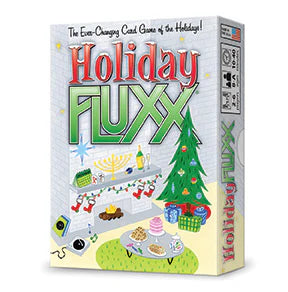 Holiday Fluxx card game featuring decorations, treats, menorah, stockings, and a Christmas tree.