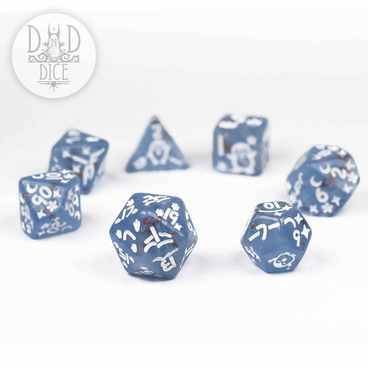 Penguin Plunge blue resin dice with white symbols; D&D Dice logo in the corner.