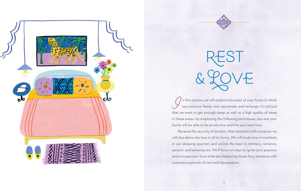 Bedroom with pink bed, pillows, plants, and wall art from Healing Home: Room-By-Room Guide To Positive Vibes.