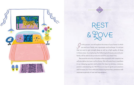 Bedroom with pink bed, pillows, plants, and wall art from Healing Home: Room-By-Room Guide To Positive Vibes.