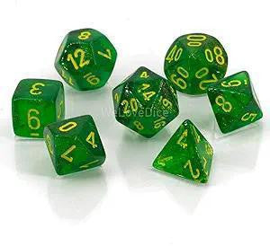 Borealis Maple Green/Yellow 7-Die Set of green polyhedral dice with yellow numbers.