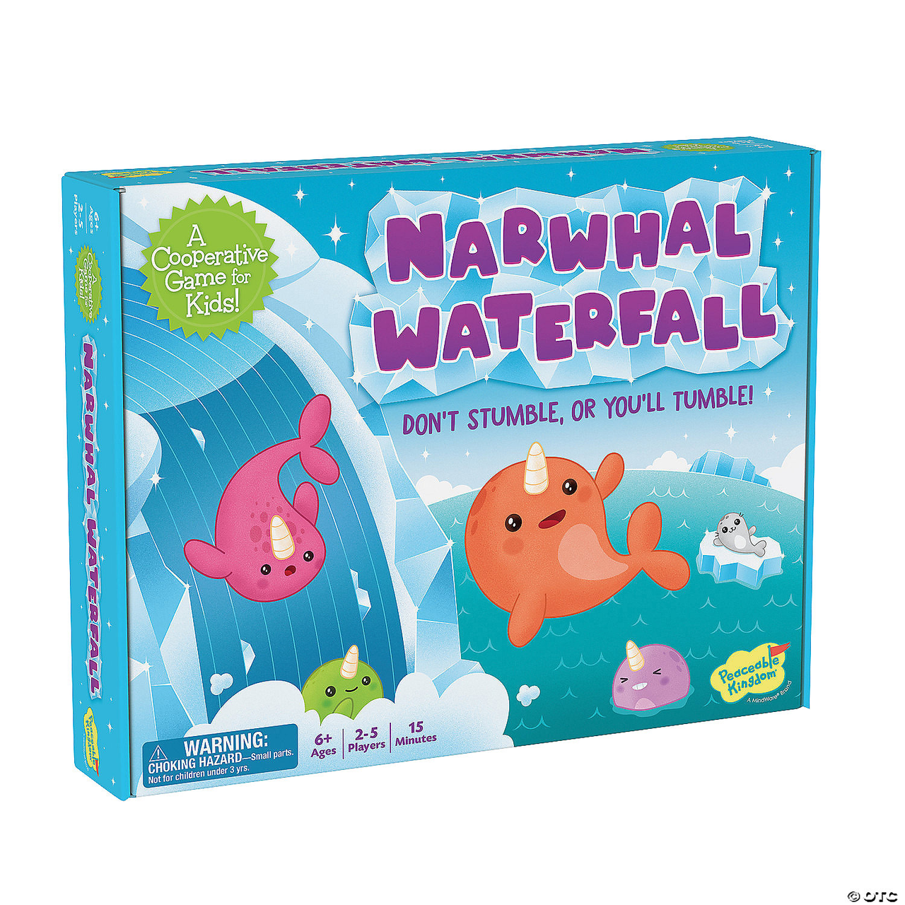 Narwhal Waterfall board game box featuring cartoon narwhals; family teamwork game for kids.