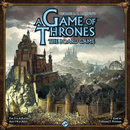 A Game of Thrones Boardgame Second Edition box with title and fantasy castle and cityscape artwork.