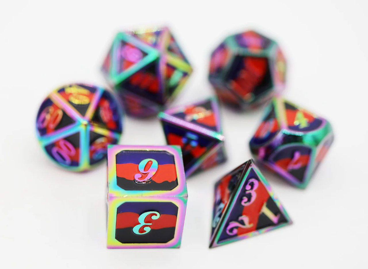 Polyamorous Pride Flag metal RPG dice set with shiny numbers and red, blue, and black striped faces.