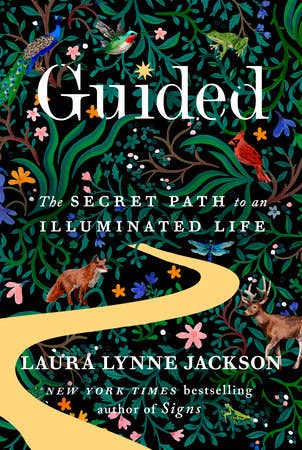 Guided book cover with birds, animals, and a yellow path amid green vines and colorful flowers.