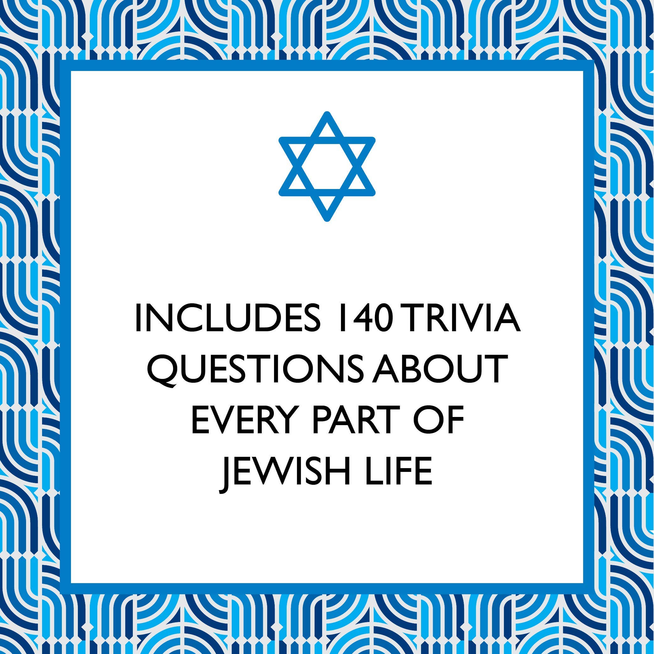 Jewish Trivia game with 140 questions on Jewish life. Star of David and patterned background above the title.