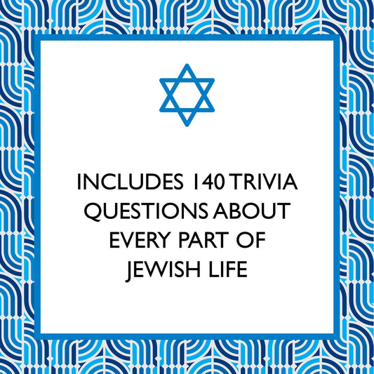 Jewish Trivia game with 140 questions on Jewish life. Star of David and patterned background above the title.